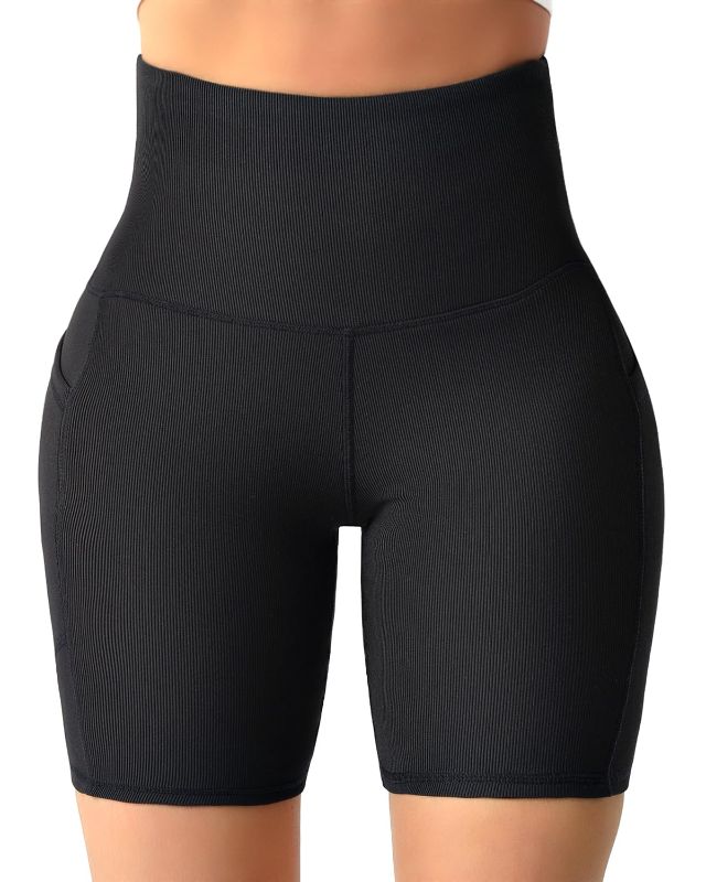 Photo 1 of Fyshipin Women Yoga Shorts with Pockets,Tummy Control High Waist Ribbed 7" Inseam,Gym Compression Workout Biker Shorts Large Black