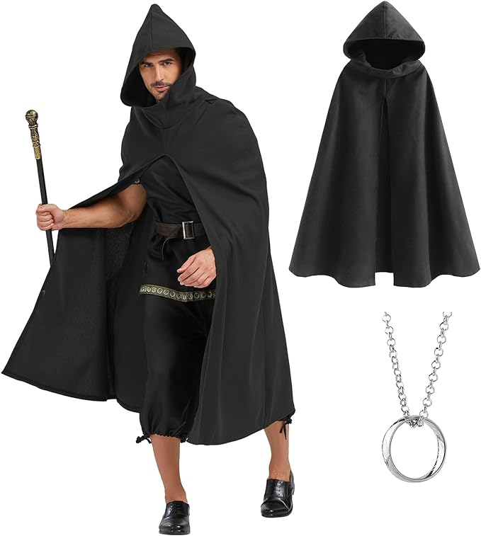 Photo 1 of Alaiyaky Renaissance Hooded Cape Witch Black Cloak with Hood Medieval Hobbit Cloak Halloween Costume Men One Size 