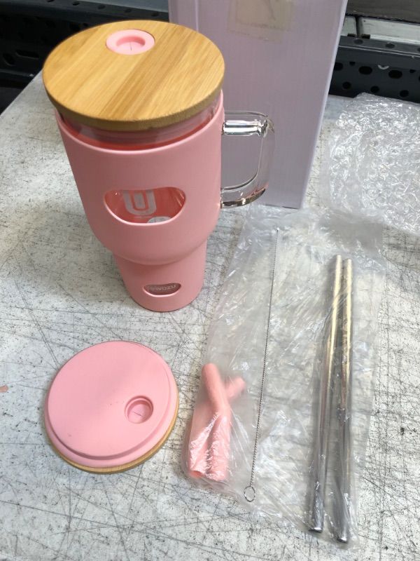 Photo 2 of **MISSING EXTRA STRAW** ZUWOZU 32 Oz Glass Tumbler with Straw and Lid, Glass Water Bottles with Handle and Silicone Sleeve, Two Bamboo Lids & Straws, Reusable Iced Coffee Cup for Cold Drinks, Fits Car Holder (Pink)
