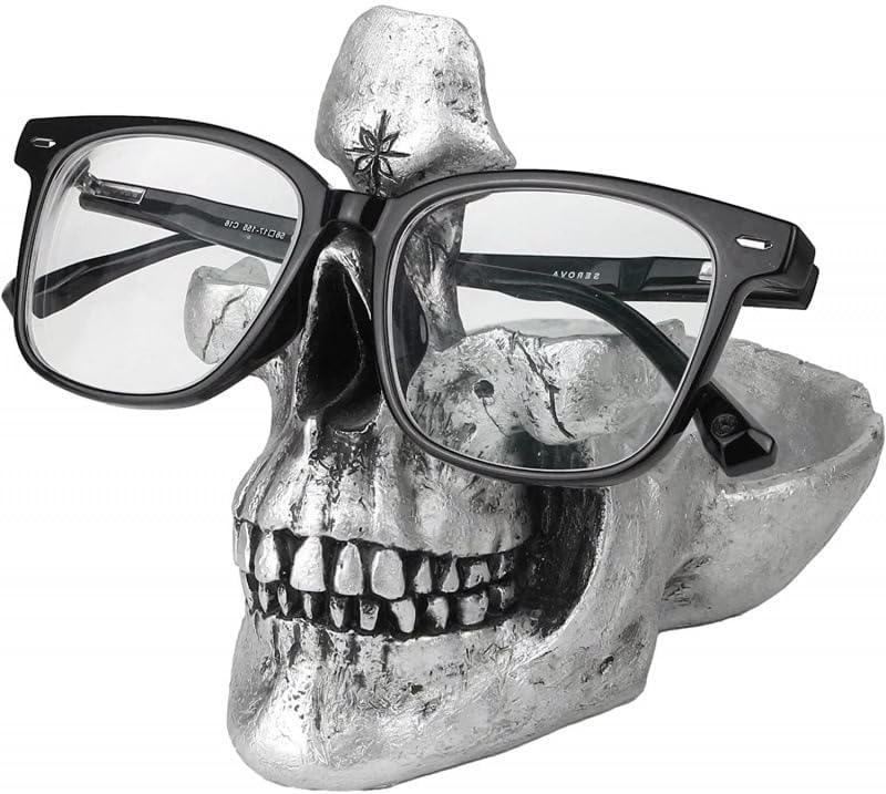 Photo 1 of 2 Pcs Skull Glasses Stand Holder Creative Eyeglasses Holder Resin Statue Ornament, Sunglasses Spectacle Display Rack Key Holder Skull Sculptures for Home Living Room Desk Halloween Decoration silver
