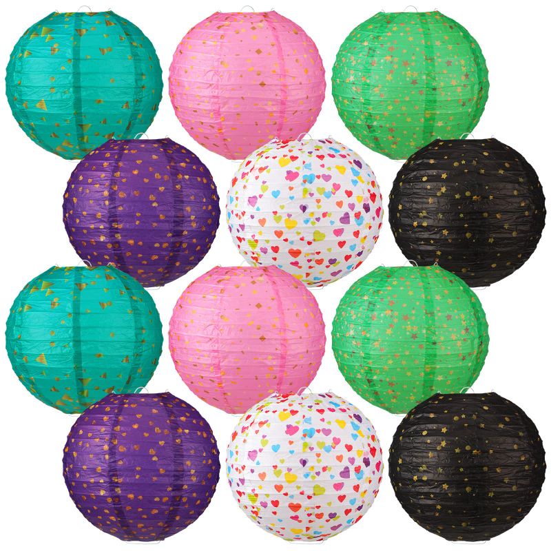 Photo 1 of 12 Pcs Confetti Hanging Paper Lanterns Gold Foil Colorful Confetti Black and Gold Confetti Ceiling Decorations Hanging Lanterns for Confetti Theme Party Classroom Decorations