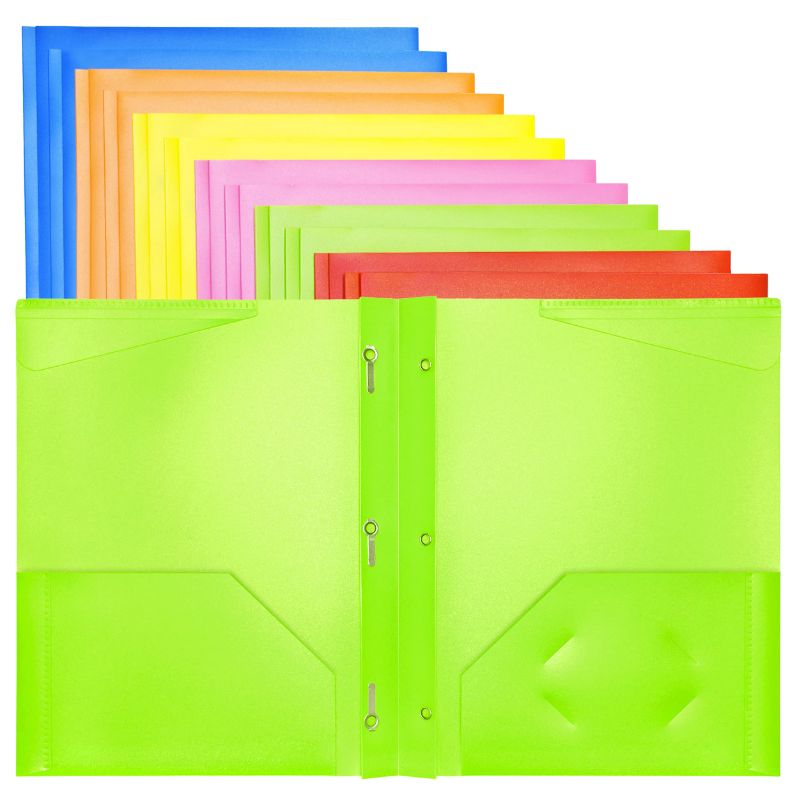 Photo 1 of WOT I Heavy Duty Plastic Folders with Pockets and Prongs - 12PCS, Extra Thick Pocket Folders with Brads/Card Slot, for Letter Size Sheets, Bright Colors School Work and Home 12PCS Heavy Duty 2 Pockets&3 Prongs