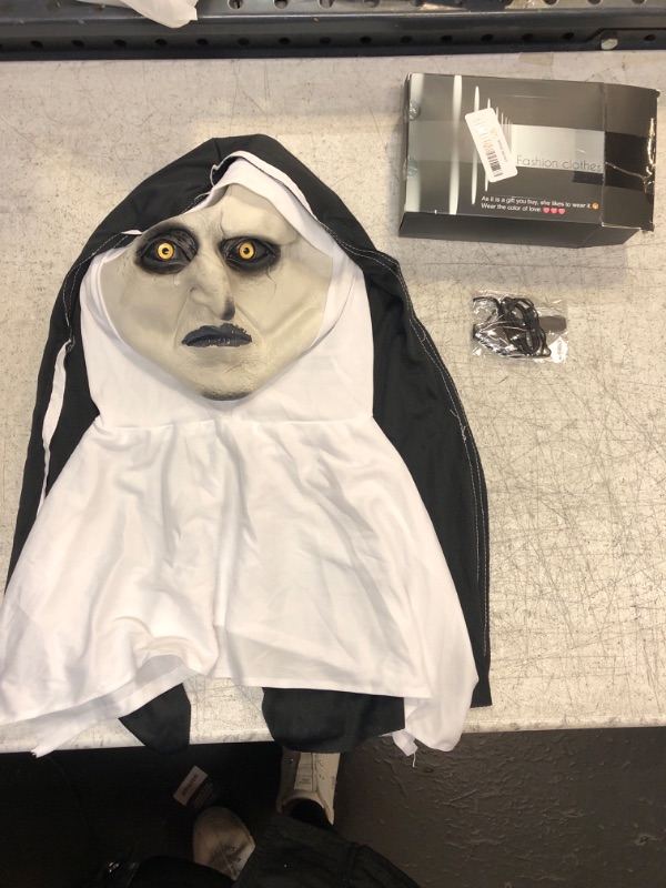 Photo 2 of FULNEW Nun Costume Mask 2023 Latest Version - Realistic Latex Mask with Headgear and Cross Necklace for Halloween Night (ShutMouth)