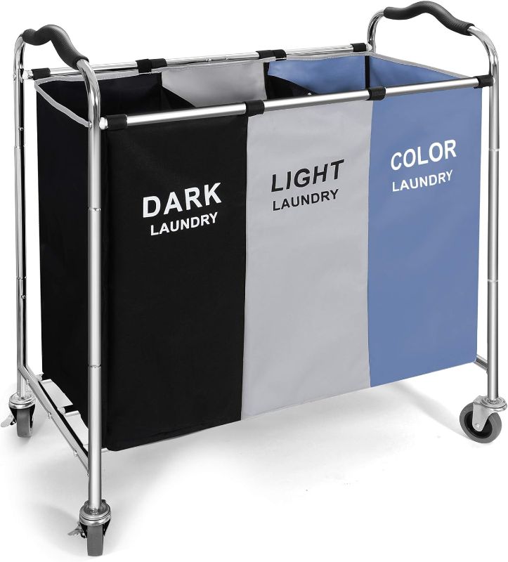 Photo 1 of 240L Laundry Hamper, Large Blanket Storage Basket Sorter 3 Section Bag Organizer for Dirty Clothes,16 X 30 X 35 inch Heavy Duty Laundry Bags --- MISSING CART -- BLACK/GRAY/BLUE
