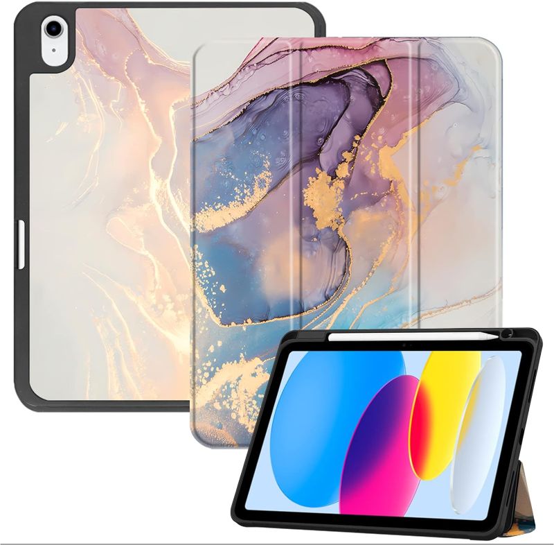 Photo 1 of Deokke Compatible with iPad 10th Generation Case 2022,iPad 10.9 Inch Case with Pencil Holder and Soft TPU Back Case,Auto Sleep/Wake Cover,for Girls Women Aesthetic-Blue Pink Gold Marble
