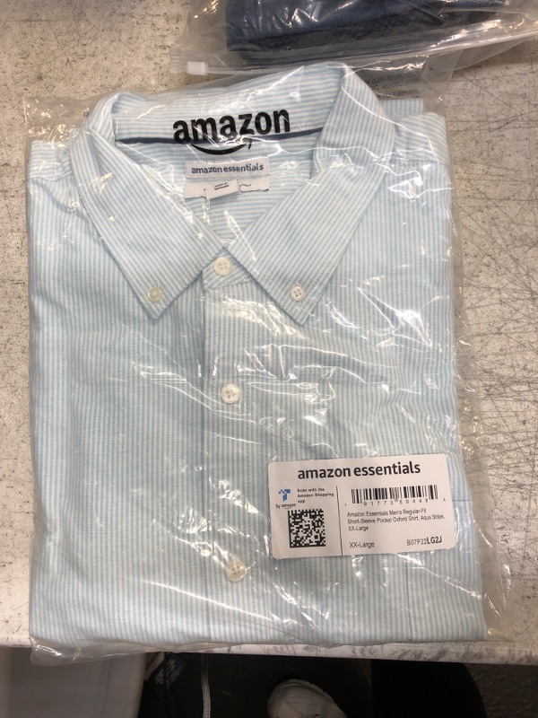 Photo 2 of Amazon Essentials Men's Regular-Fit Short-Sleeve Pocket Oxford Shirt XX-Large Aqua Blue, Stripe