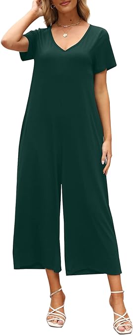 Photo 1 of Qnasey Women's Casual Summer V Neck Short Sleeve Rompers Long Pants Jumpsuits with Pockets
SIZE S