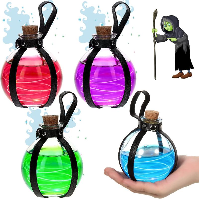 Photo 1 of 4 Pack Halloween Cork Potion Bottle Renaissance Accessories Potion Bottles with Cork and Holster Loop Small Glass Bottles with Cork Wizard and Witch Bottle Holder for Women Costume Men (Black)
