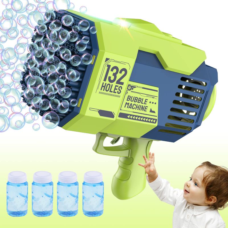 Photo 1 of Bubble Gun - 132 Holes Bubble Machine Gun, Bubble Blower with Colorful Lights, Summer Toys for Toddlers Kids Adults Summer Party Favors Outdoor Pool Toys Green 
