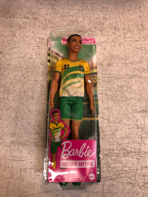 Photo 2 of Barbie Soccer Ken Doll with Short Cropped Hair, Colorful #21 Uniform, Cleats, & Tall Socks, Soccer Ball 11.5 inches Yellow Jersey Multicolor