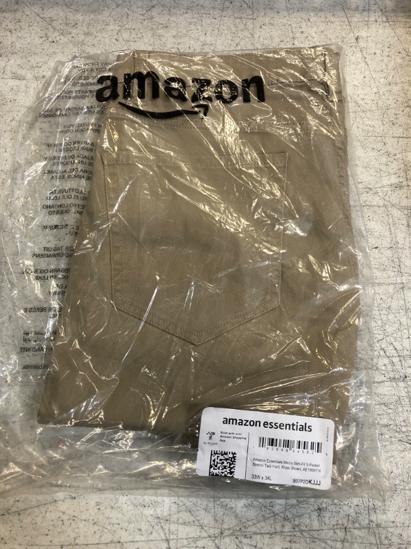 Photo 1 of Amazon Essentials Men's Slim-Fit 5-Pocket Stretch Twill Pant 33W x 34L Khaki Brown