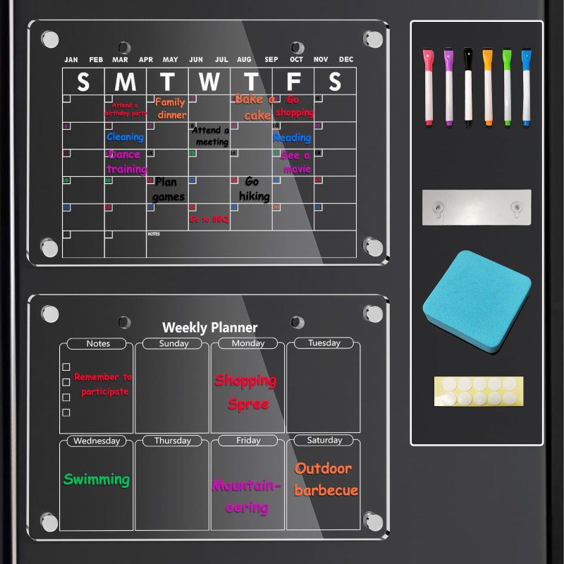 Photo 1 of Acrylic Magnetic Calendar for Fridge,2 Pcs 12"x17" Magnetic Calendar Monthly and Weekly,Clear Magnetic Dry Erase Board Calendar for Fridge,Includes Wall-Hanging Hooks and 6 Markers with Dry Eraser ?monthly Planner+weekly Planner