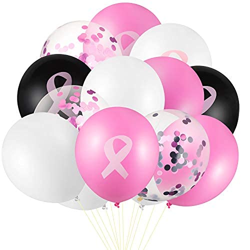 Photo 1 of 84 Pieces Breast Cancer Awareness Balloons Pink Ribbon Balloons Pink White Black Latex Balloons Transparent Confetti Glitter Balloons for Breast Cancer Party Decorations