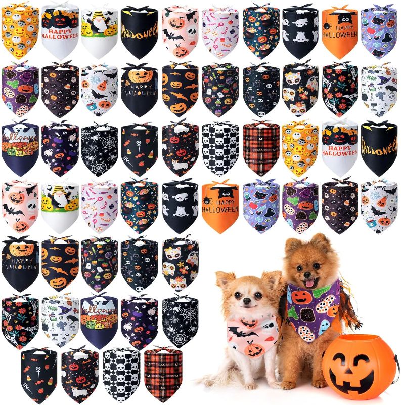 Photo 1 of 54 Pieces Halloween Dog Bandanas Bulk Holiday Pet Accessories Triangle Dog Scarves Bibs Adjustable Soft Puppy Cats Bandanas for Small Medium Sized Dog Pets
