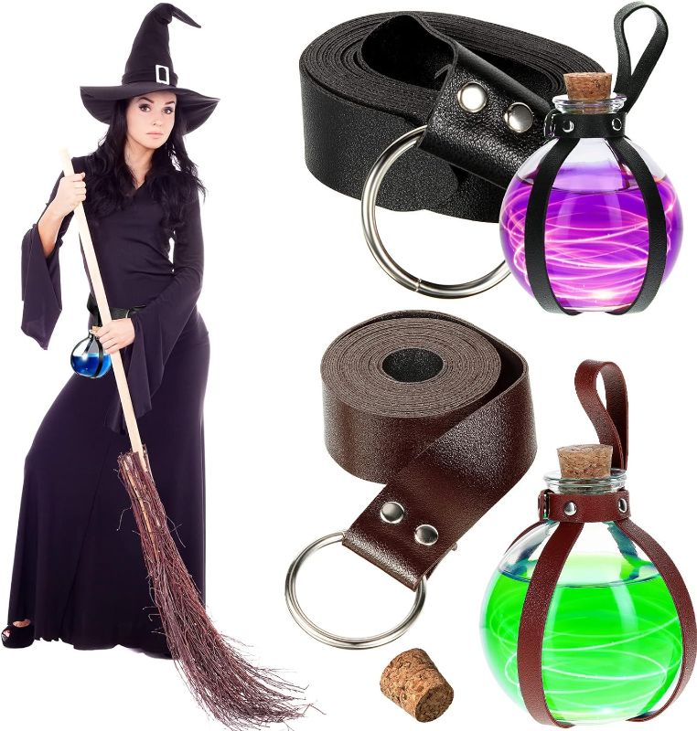 Photo 1 of 2 Set Halloween Potion Bottles With Leather Belt Witch Costume Cosplay Accessories Renaissance Round Spherical Glass Bottle Witch Props for Women DIY Crafts Halloween Party Decorative(Black, Brown)
