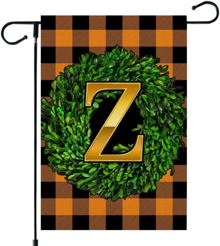 Photo 1 of CROWNED BEAUTY Fall Boxwood Wreath Monogram Letter Z Garden Flag 12x18 Inch Double Sided Outside Buffalo Plaid Small Burlap Family Last Name Initial Yard Decoration CF1062-12. Set of 2
