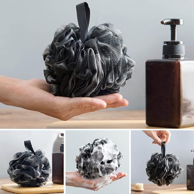 Photo 1 of Bamboo Charcoal Bath Ball, Large Size 75g Black Bath Sponge Shower Loofahs Pouf Ball Natural Exfoliator Bathing Body Scrubber Mesh Flower Loofah Design Bamboo Charcoal Bath Ball