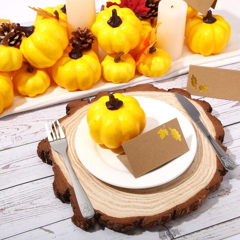 Photo 1 of Frienda 48 Pcs Thanksgiving Pumpkin Table Centerpieces 24 Fall Foam Pumpkins and 24 Bronzing Gift Cards Assorted Rustic Artificial Fake Pumpkins for Autumn Harvest Party Table Decor (Gold Yellow)
