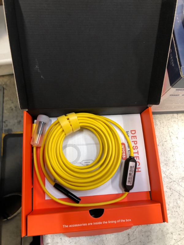 Photo 1 of DEPSTECH Endoscope Camera with Lights, 7mm Slim Probe Borescope Inspection Camera with Bluart 3.0 Tech, 16.4ft Semi-Rigid Cable, IP67 Waterproof Snake Camera for IOS 12.0+ Device,Gadget for Men-Yellow