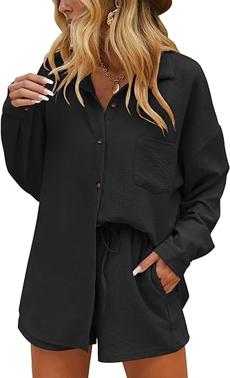 Photo 1 of Ekouaer Two Piece Sets for Women Long Sleeve Lounge Set Button Down Shirts and Casual Shorts with Pockets Tracksuit
2xl 