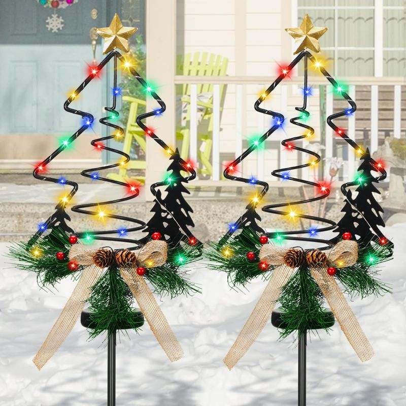 Photo 1 of 2 Pcs Nativity Scene Outdoor Yard Stakes Metal Christmas Light Decorations LED Christmas Decorations Nativity Scene Outdoor Solar Outdoor Lighted Nativity Scene for Pathway Garden Lawn (Tree)
