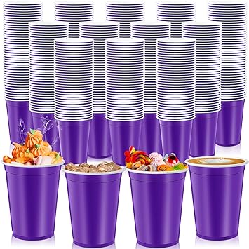 Photo 1 of Umigy 200 Pcs Disposable Halloween Cups Bulk 16 oz Halloween Party Cups Drink Wine Coffee Halloween Plastic Cups Supplies for Ice Juice Water Hot Cold Drinks Party Favors (Purple,Solid Pattern)