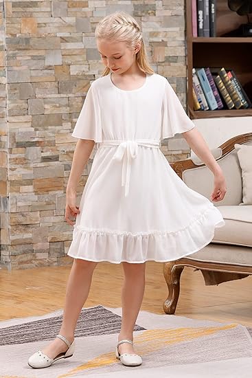 Photo 1 of GORLYA Girls Boho Flowy Sleeve Cinched Waist Ruffle Hem Elegant Chiffon Dress with Belt for 8 YEARS 