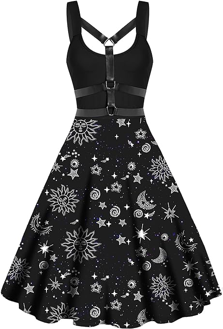 Photo 1 of FEAPHY Women's Halloween Gothic Skeleton Print Sleeveless A-Line High Low Dress. L
