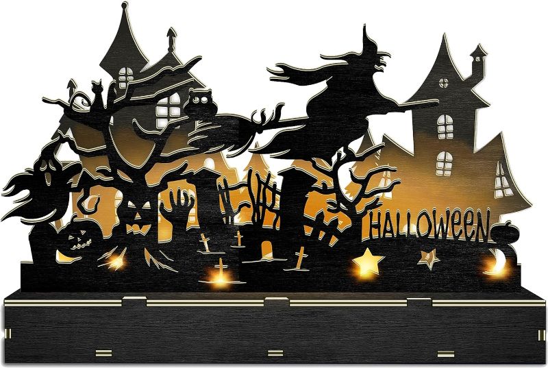 Photo 1 of Lighted Wooden Halloween Decor, Witch Castle Halloween Decorations Indoor for Tabletop, Battery Operated Black Witch Cat Halloween Lights for Bedroom Living Room Office Desk, Halloween Fireplace Decor
