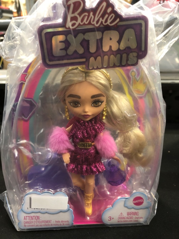 Photo 2 of Barbie Extra Minis Doll & Accessories with Blonde Hair, Toy Pieces Include Shimmery Dress & Furry Shrug