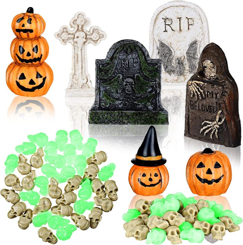 Photo 1 of 47 Pcs Halloween Miniature Figurines Mini Village Tombstones Pumpkin Skulls Heads Figurine Mini Resin Pumpkin Ghost Decor Miniature Halloween Garden Landscape for DIY Crafts Outdoor Home Garden Decor
