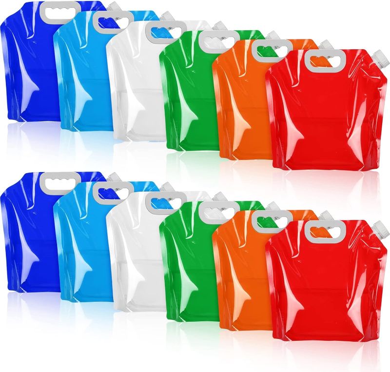 Photo 1 of 12 Pcs Collapsible Water Bag 1.3 Gallon/ 5 L Camping Water Container Emergency No Leak Water Bag Storage Freezable Foldable Water Bag for Camping Hiking Backpacking Riding Outdoor Sport, 6 Colors
