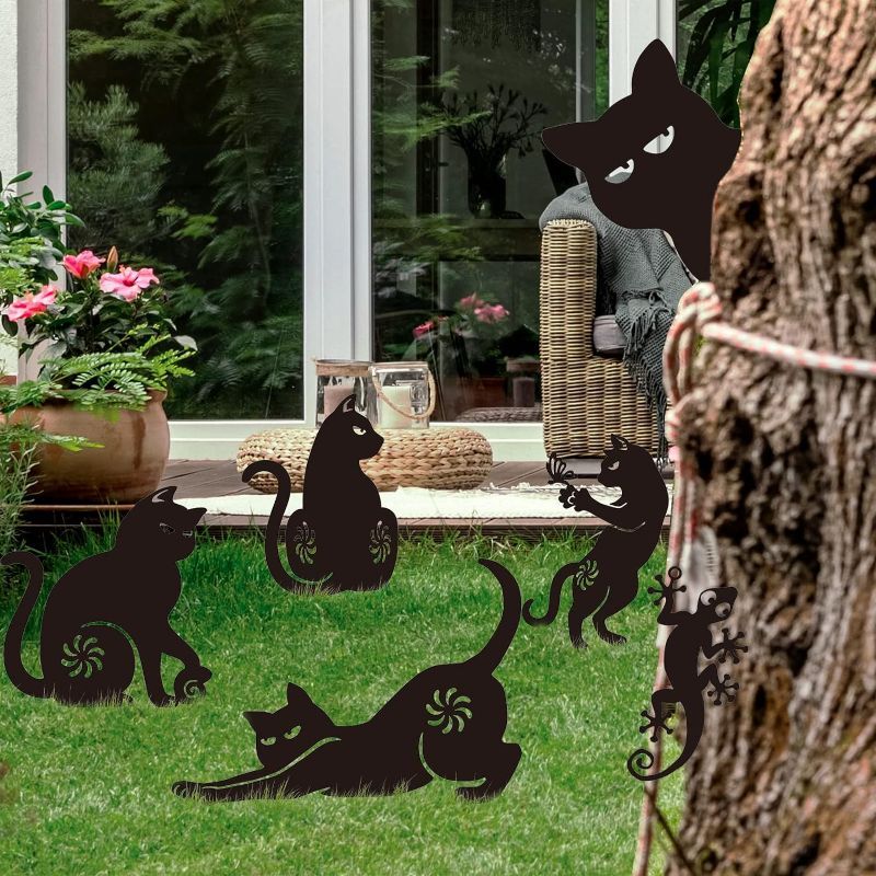 Photo 1 of IGEEKWELL Stake Garden Outdoor Decoration Metal Black Cat Statue, Set of 5 Metal Garden Cat Art Decor?1 Lizard Gadren Stakes,Black Cat Silhouettes Yard Outdoor Lawn Decor for Cats Lovers
