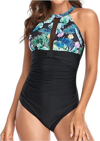 Photo 1 of DANIFY Women's One Piece Swimsuit High Neck Plunge Mesh Ruched Monokini Swimwear Tummy Control Bathing Suits -- Size Large 
