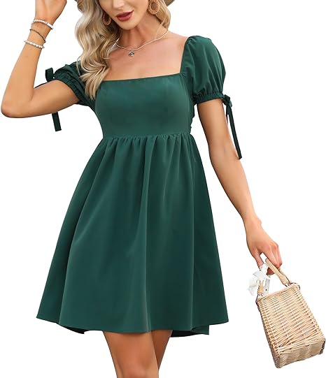 Photo 1 of EXLURA Womens Casual Short Sleeve Square Neck Cap Sleeve Dress High Waist A-Line Casual Smocked Back Mini Dresses -- Size 2XL