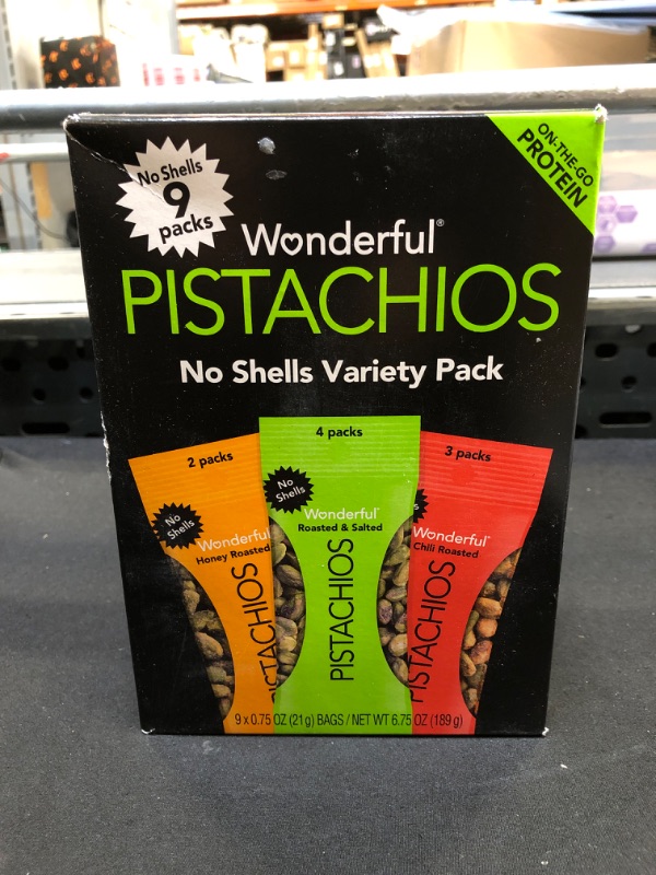 Photo 2 of Wonderful Pistachios , No Shell Nuts, Variety Pack (4 bags of Roasted & Salted, 3 bags of Chili Roasted, and 2 bags of Honey Roasted), 9 Count Variety Pack (4 bags of Roasted & Salted, 3 bags of Chili Roasted, and 2 bags of Honey Roasted) 0.75 Ounce (Pack