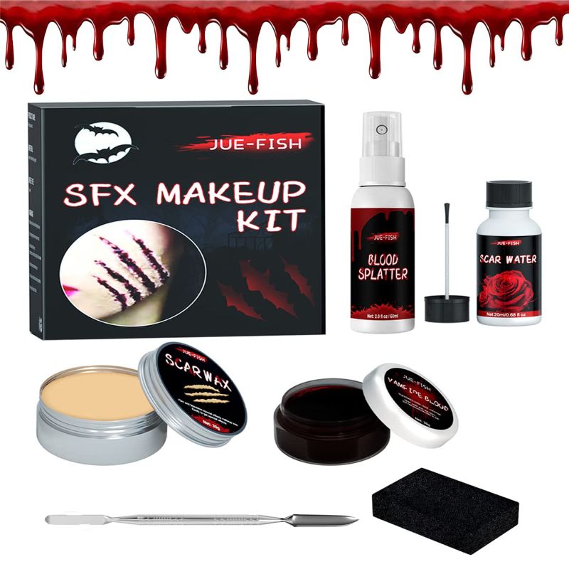 Photo 1 of Halloween SFX Scar Makeup Kit, 6 In 1 Special Effects Halloween Makeup Set for Scary Makeup, Scar Wax + Fake Blood Gel + Knife Scar Water + Fake Blood Spray + 3 Sponge +Silver Scraper, Party, Cosplay Face Body Makeup
