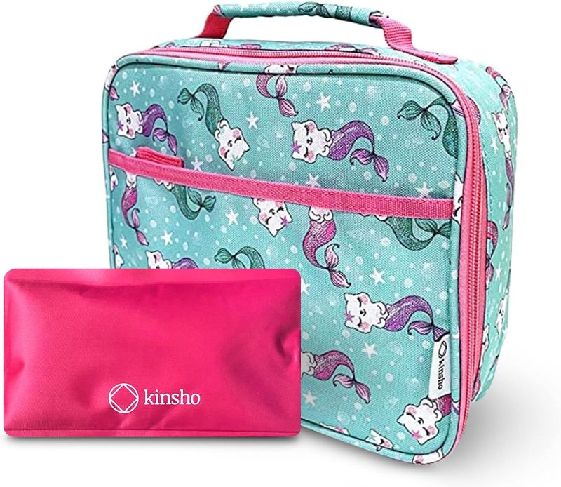 Photo 1 of Lunch Box with Ice Pack for Girls Kids, Insulated Bag for Daycare Pre-School Kindergarten, Container Boxes for Small Kid Snacks Lunches, Mermaid Cat Aqua Pink
