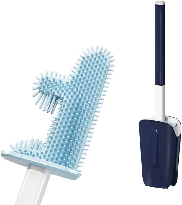 Photo 1 of Cactus Toilet Brush No Dead Corner with Holder, Toilet Bowl Brush Punch Free Wall Hanging, Toilet Brush Silicone Long Handle, Angled Brush F-Shaped for Clean Toilet (Blue)
