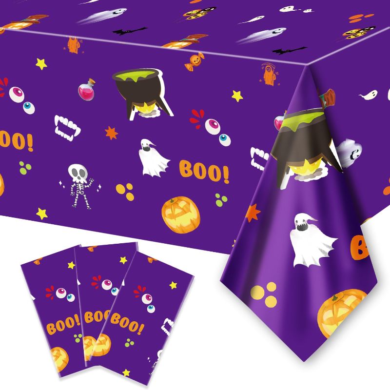 Photo 1 of 3PCS Halloween Disposable Tablecloth Party Supplies, 108 × 54 inch, Halloween Theme Tablecloth Plastic Waterproof Tablecover with Ghost Eyeball Candy Pumpkin Cute Halloween Birthday Decorations