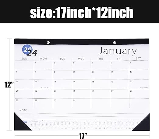 Photo 1 of Ziphius Desk Calendar 2024 - 12 Months, 17" x 12" Large Wall Calendar Monthly, Jan 2024 - Dec 2024, Thick Paper, Corner Protectors, Clear Plastic Cover, Large Ruled Blocks for Planning and Organizing for Home or Office, To-do List & Notes - Black