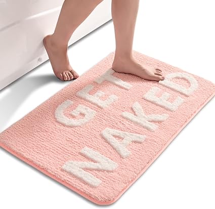 Photo 1 of  Get Naked Bath Mat Cute Pink and White Bathroom Rugs Funny Non Slip Bathtub Decor Mats Super Absorbent Floor Carpet Machine Washable Bahtmat for Tub, Shower, Bedroom (16x24 inch)