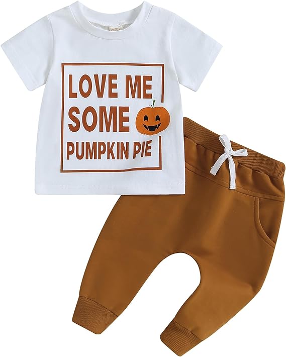 Photo 1 of Infant Baby Halloween 2Pcs Outfit Letter Pumpkin Print Short Sleeve Crewneck Tops Long Pants Set (White,-12 Months)
