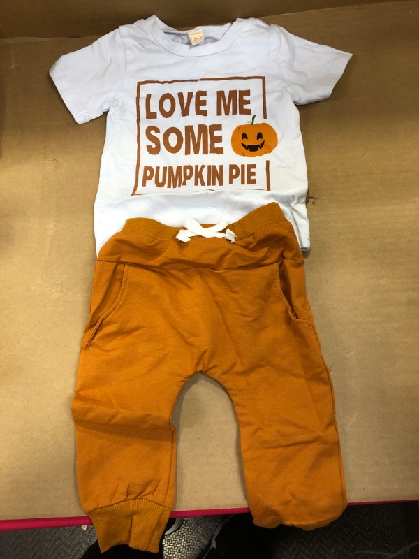 Photo 2 of Infant Baby Halloween 2Pcs Outfit Letter Pumpkin Print Short Sleeve Crewneck Tops Long Pants Set (White,-12 Months)