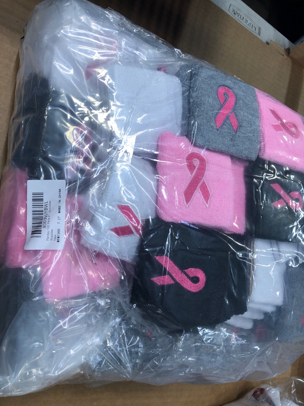 Photo 2 of 200 Pcs Pink Ribbon Wristbands Bulk Breast Cancer Awareness Accessories Wrist Sweatbands Arm Bands Football Sweatbands for Men Women Youth Sports Basketball Baseball Athletic Party Favors
