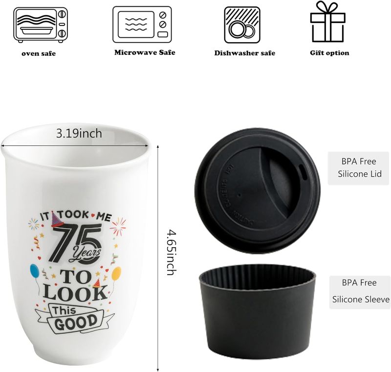 Photo 1 of 75th Birthday Gifts for Women, 1948 Birthday Gifts for Women, Her, Mom, Grandma, Travel Coffee Cup with Lid and Sleeve, Best Gifts for 75 Year Old Woman, Funny Coffee Mugs for Women, 11oz