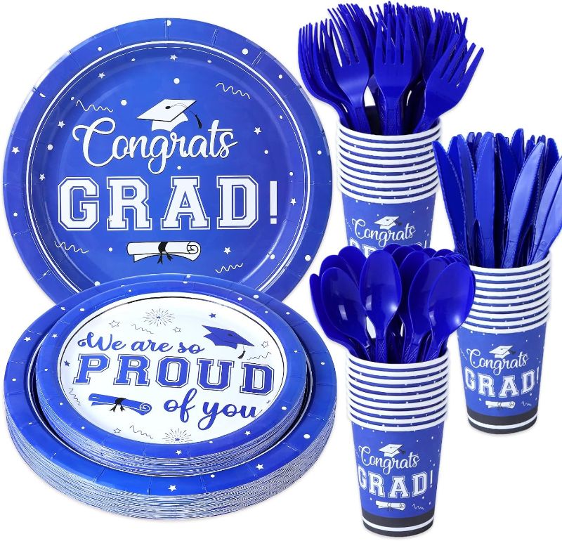Photo 1 of 150Pcs Graduation Party Supplies/Decorations (Serves 25) Disposable Dinnerware Set Dinner Plates, Dessert Plates, Cups, Knives, Forks, Spoons. for College High School Graduation…
