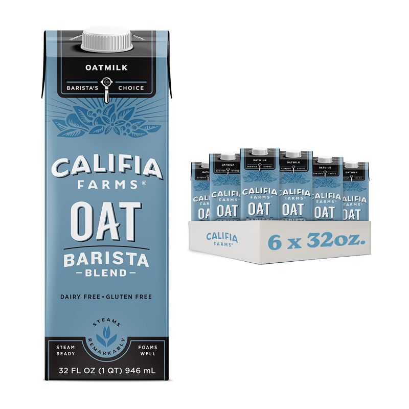 Photo 1 of 6pcs ----exp date 03/2024  Califia Farms - Oat Barista Blend Oat Milk, 32 Oz (Pack of 6), Shelf Stable, Dairy Free, Plant Based, Vegan, Gluten Free, Non GMO, High Calcium, Milk Frother, Creamer, Oatmilk Oat Barista Original 32 Fl Oz 