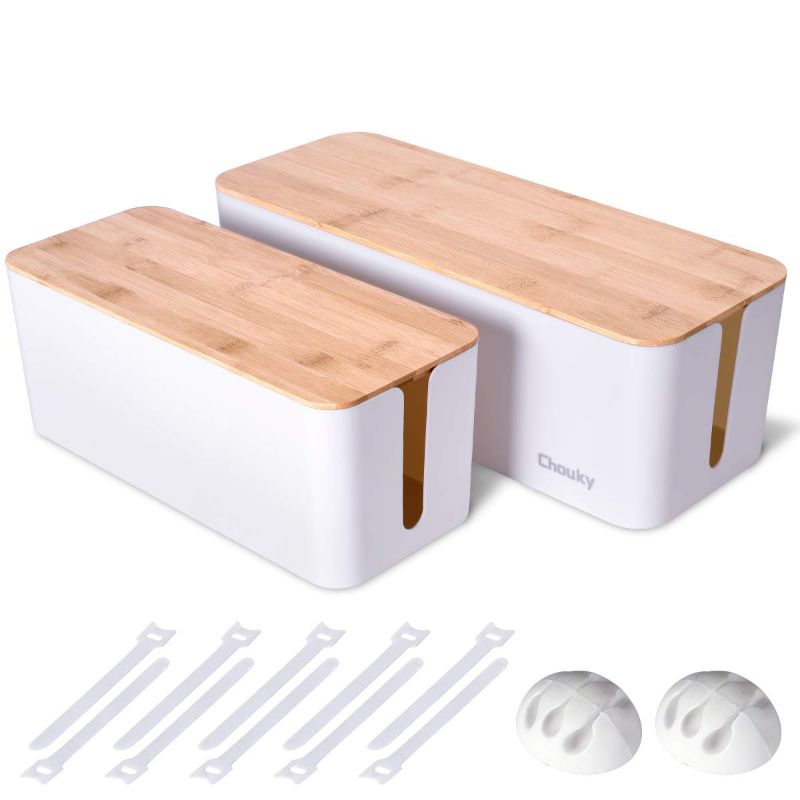 Photo 1 of 2 Pack Large Cable Management Box – Wooden Style Cord Organizer Box and Cover for TV Wires, Computer, Router, USB Hub and Under Desk Power Strip – Safe ABS Material and Baby-Pets Proof Lock (White)