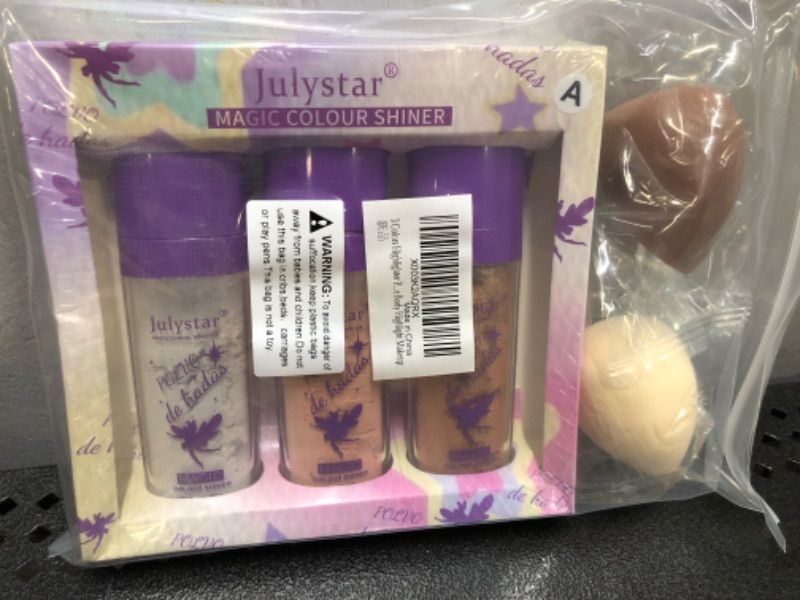 Photo 1 of 3 Colors Polvo De Hadas Highlighter Powder, Body Brightens Face Blusher Patting Makeup Glitter Stick with Sponge Set for Hair Cosmetic
